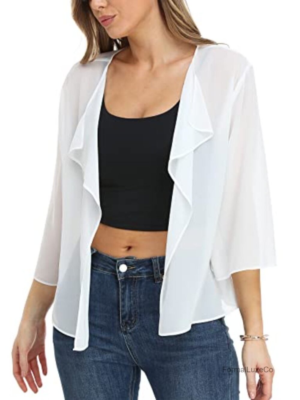 MISS MOLY Women's Chiffon Sheer Bolero Shrug Open Front 3/4 Sleeve Kimono Cover